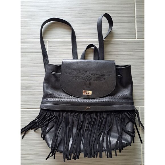 Valez Black Fringe Leather Backpack Embroidered Flap Turn-Lock Closure Large - Picture 2 of 16